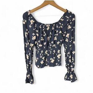 Sonoma Blue White Floral Off the Shoulder Blouse Size S Long Sleeve Ruffle Top